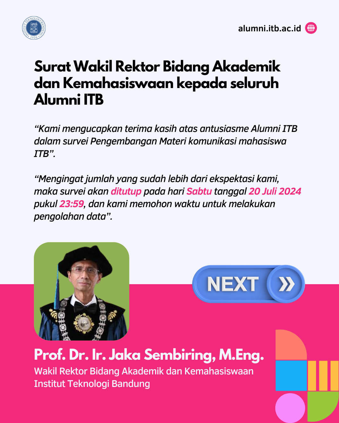 Surat Ucapan Terima Kasih dari Wakil Rektor Bidang Akademik dan Kemahasiswaan ITB untuk Seluruh Alumni ITB